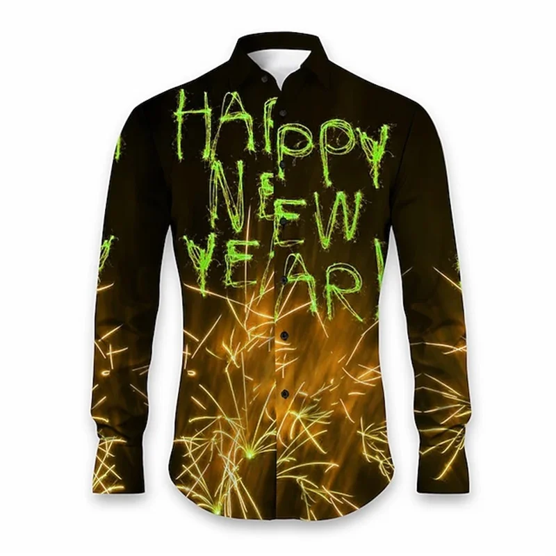 3D Printed Happy New Year Hawaiian Shirts For Men Fireworks Pattern Aloha Shirts Casual Loose Long Sleeve Blouse Lapel Tops