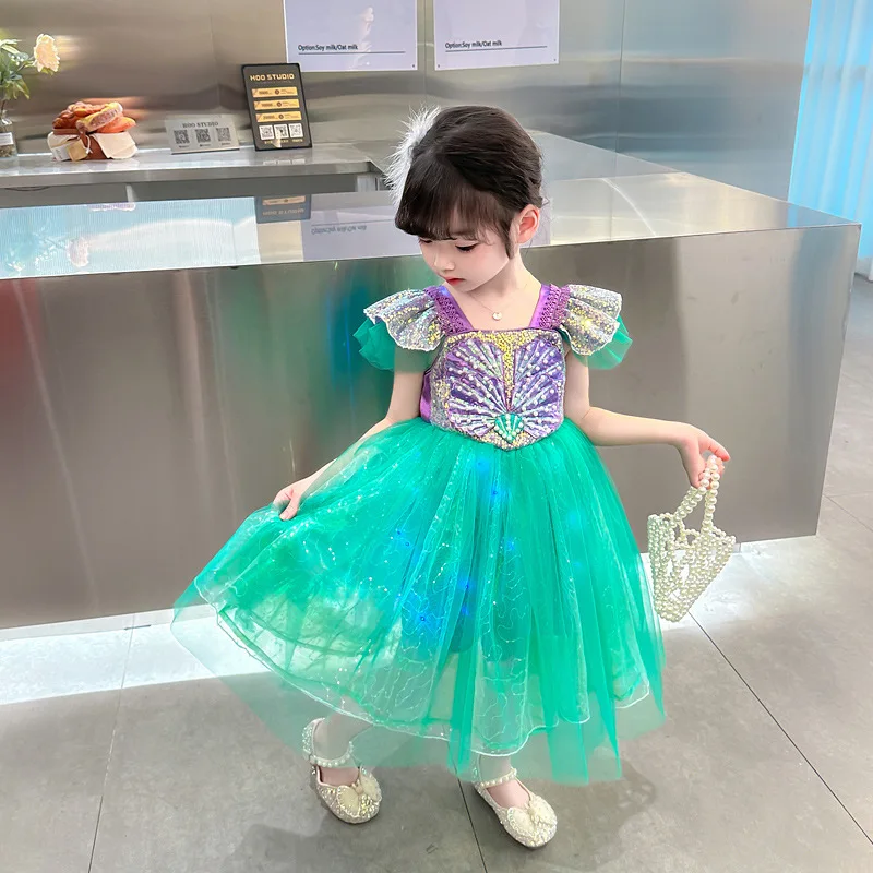

Sequin Flying Sleeve Dress For Baby Girls Halloween Carnival Cosplay Costume Shell Pattern Birthday Evening Party Gown