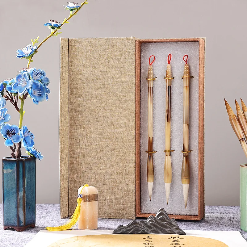 Horn Handle Calligraphy Brush Set with Weasel Hair and Mixed Hair Tips, Small Medium Large Brushes for Copybook Practice