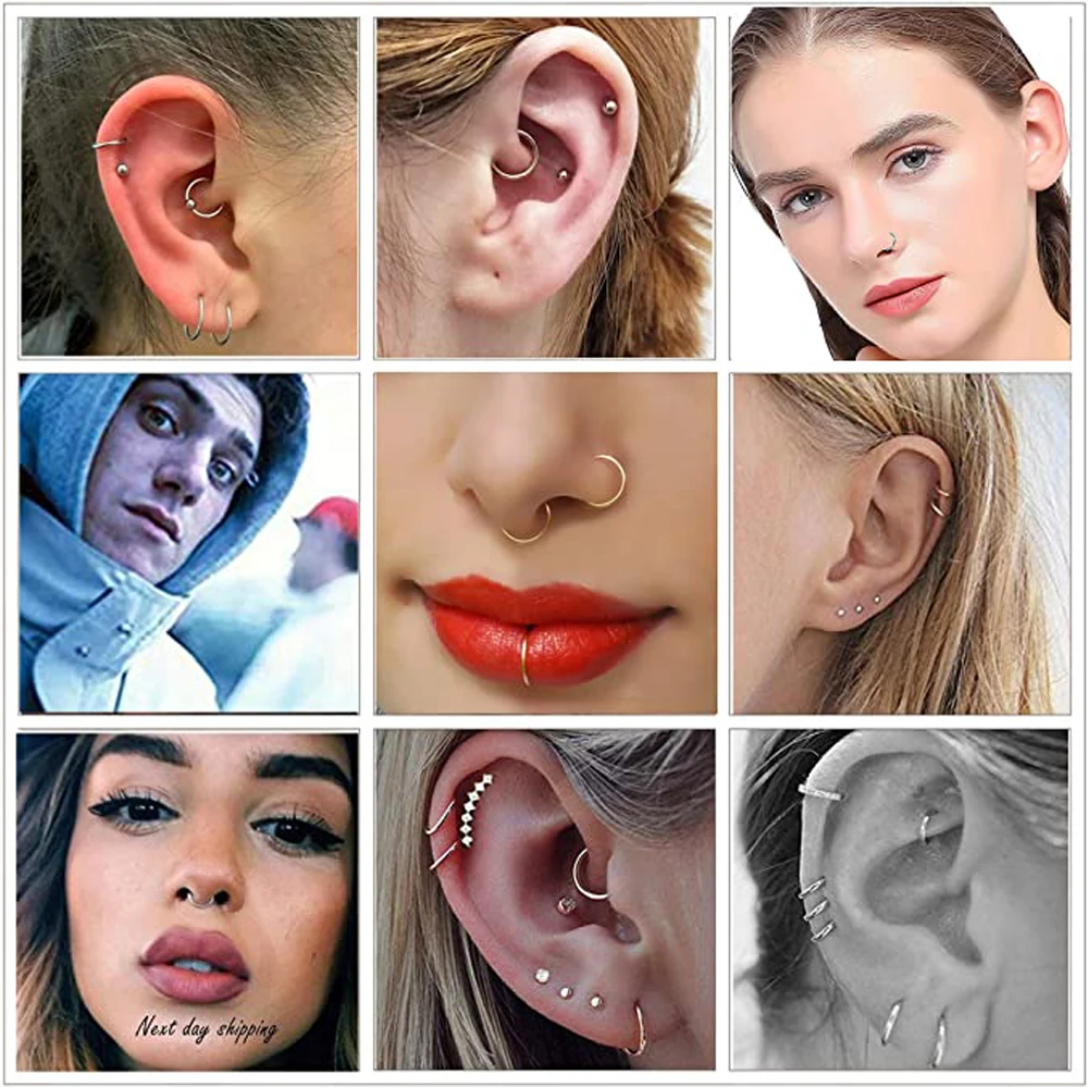 12PCS 22G Stainless Steel Fake Nose Septum Hoop Rings Lip Helix Cartilage Tragus Ear Ring Piercing 6-10mm