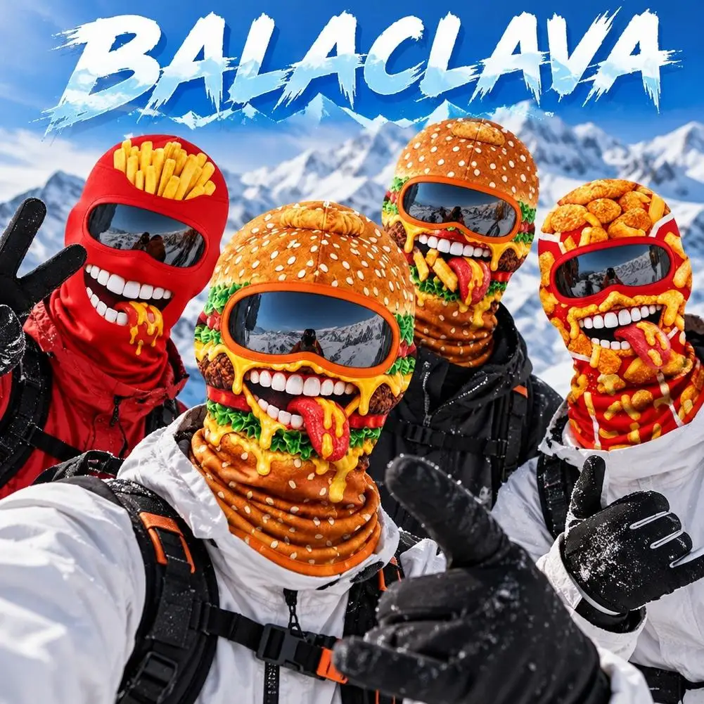 Funny Hamburger Print Balaclava  Velvet Warm Ski Mask with French Fries Pattern for Motorcycle Ski Mask