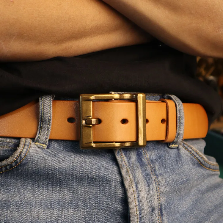 3.8Natural color cowhide Belt For Men Copper Buckle Plant Tanned Top Genuine Leather for man Casual Jeans Luxury Belts