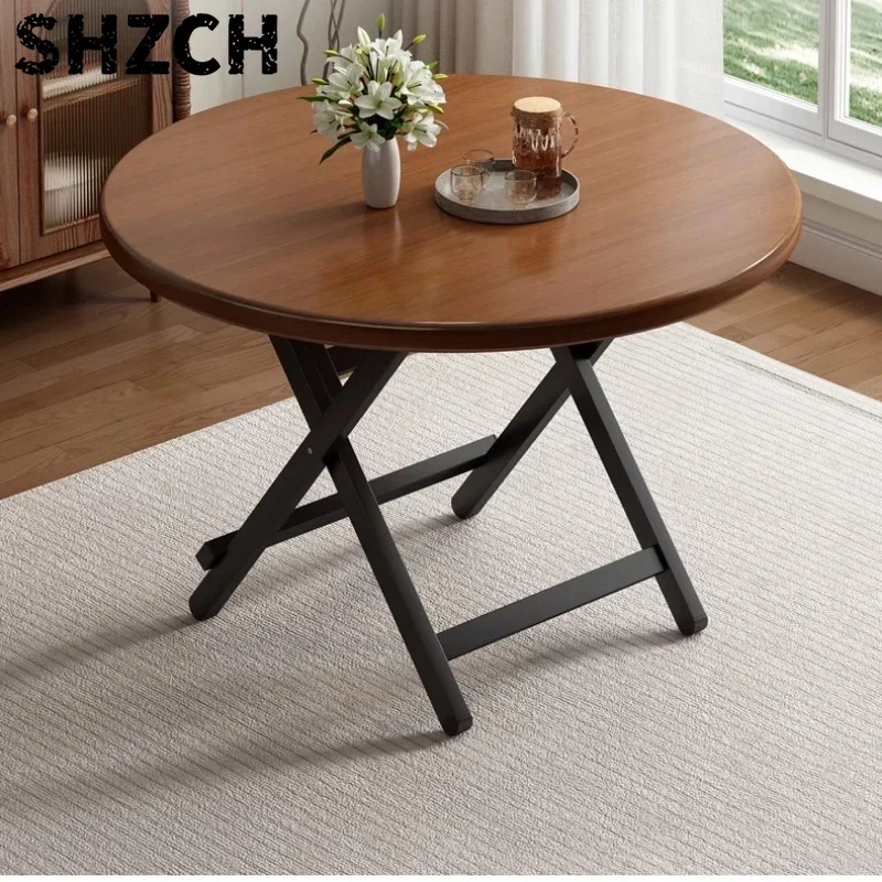 Carbon Steel Balcony Round Table, Foldable Dining Table for Home, X-Shaped Stable Legs, High Capacity Portable Stall Table