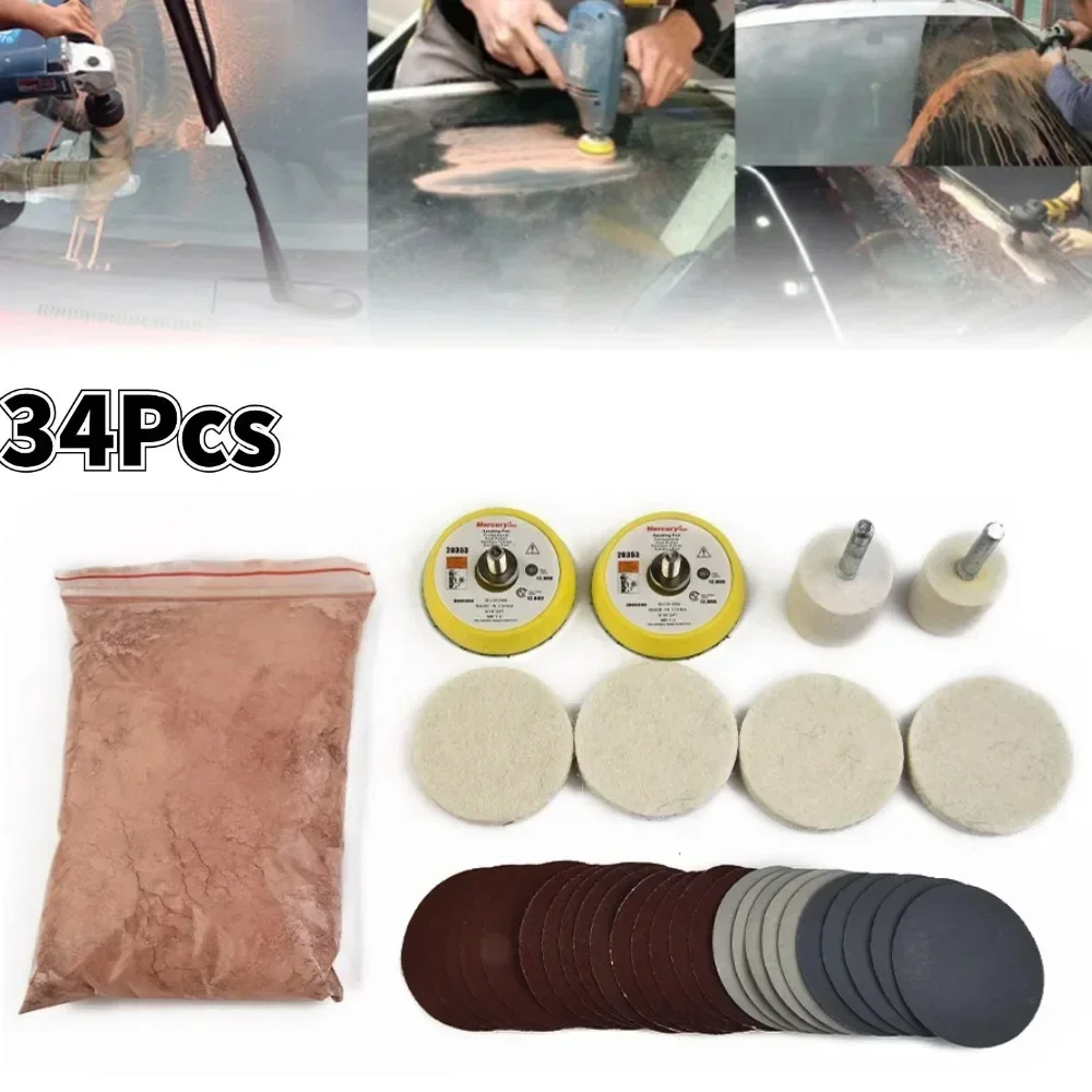 34Pcs/set Cerium Oxide Powder Watch Glass Screen Windows Polishing Kit Cleaning Scratch Removal Polishing Backing Pad