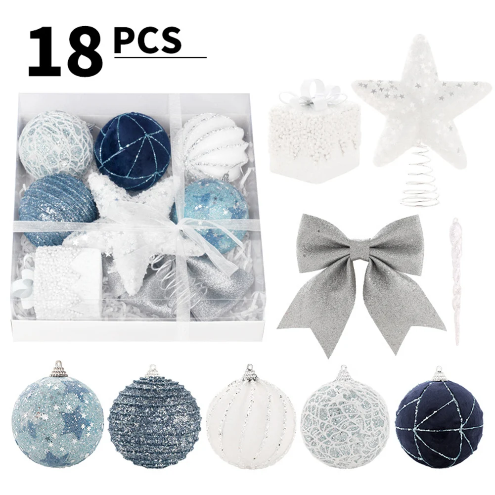 18PCS Blue Foam 8CM Christmas Balls Tree Top Star Bow Pendant White Silver Pendant New Year 2025 Gifts Navidad Noel