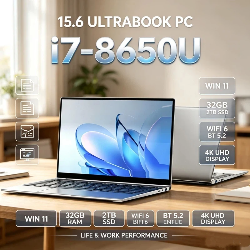 

15.6" 120Hz FHD IPS Laptop Intel i7-8650U 32GB RAM 2TB SSD WIFI6 BT5.2 Backlit Keyboard Thin Light Portable Business Gaming PC