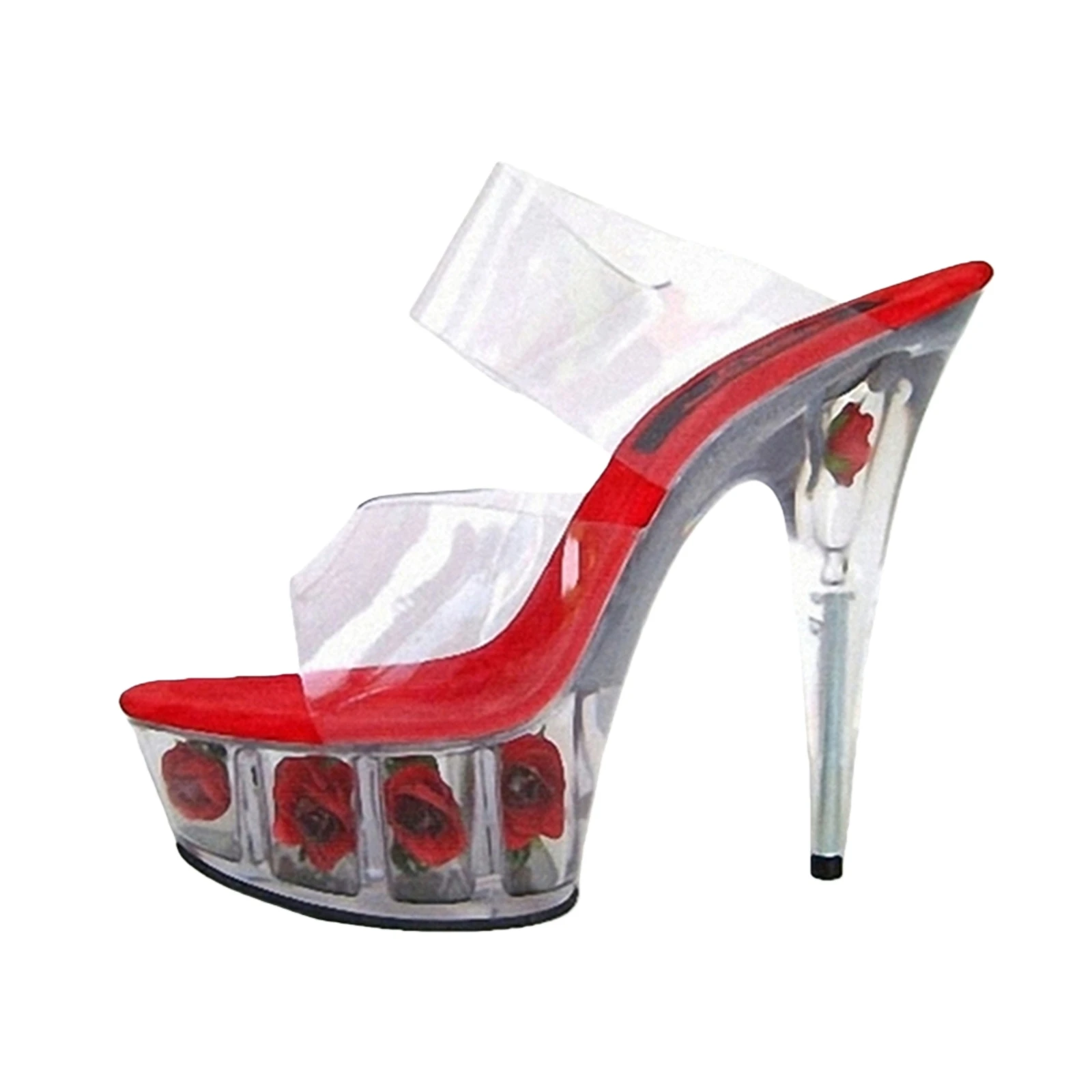 15CM Red Rose Heels, Transparent Platform Sandals with Embedded Florals & Ankle Strap, Artistic Statement Shoes​