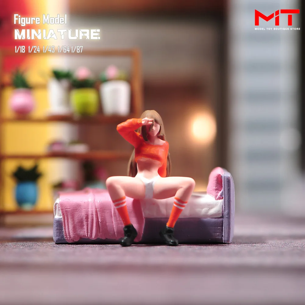 

In Stock Painted Miniatures 1/87 1/64 1/43 1/24 1/18 Anime Squatting Girl Bed Figure Diorama Mini Doll Model Bedroom Scene Props