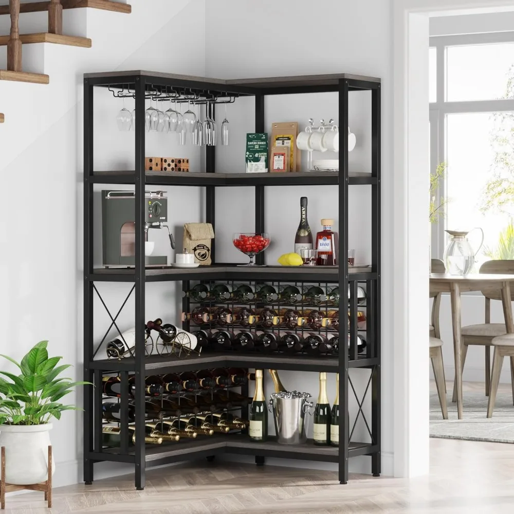 Canto Wine Rack Cabinet, L-Shaped Bar Cabinet, Industrial Independente, Household Cozinha de madeira, cinza, 5 andares