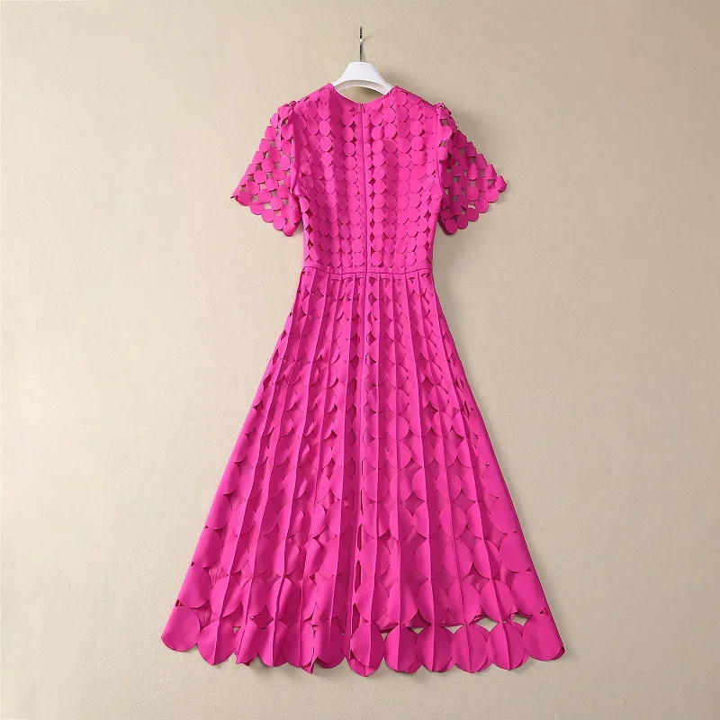 High Quality Brand New 2025 Spring Dress Women Hollow Out Dot Patterns Short Sleeve Mid-Calf Length Black Coffee Pink Dress XXL