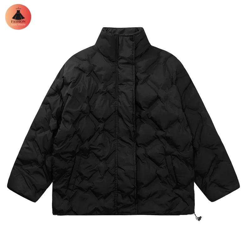 Winter Black White Solid Colour Rhombus Standing Collar Cotton Down Coat Men's Women's Zip Jacket