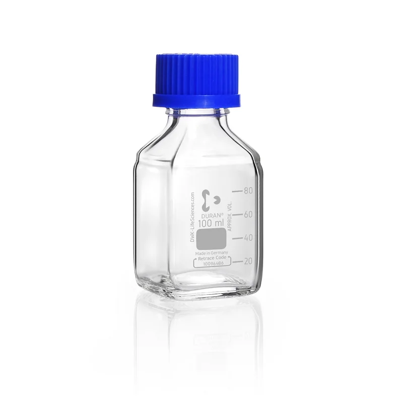 DURAN® Laboratory Bottle Square, clear, with DIN 168-1 thread, graduated, with screw cap and pouring ring from PP (blue)