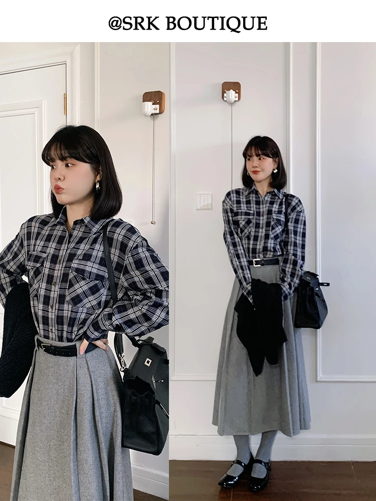 

SRK Retro Plaid Long Sve irt Casual Loose Faionable Simple New Sle Women's Premium Quali Polyester Blend Winter Wa...