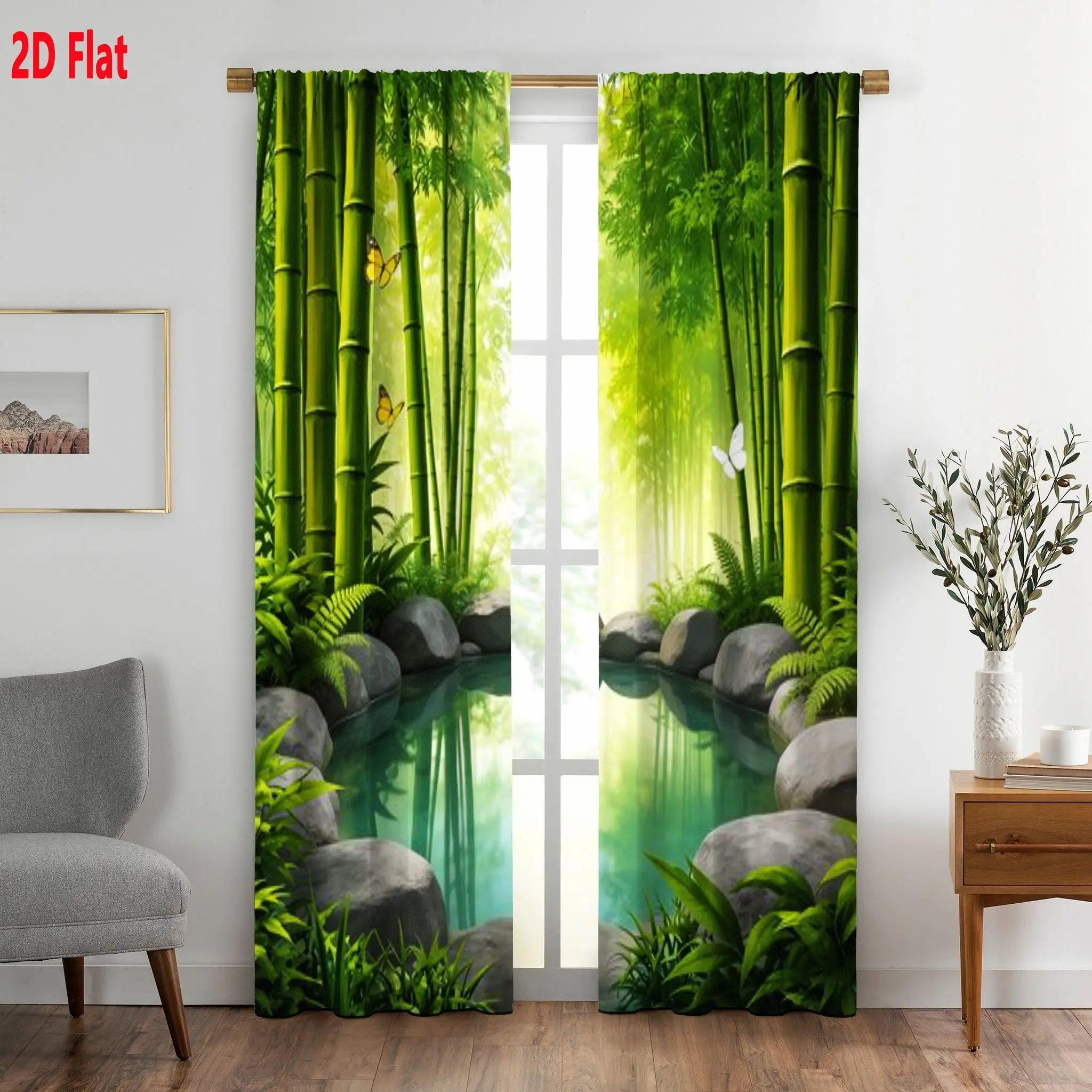 2D Flat 2pcs Bamboo Forest Curtains Green Nature Stream Print Drape Living Room Meditation Room Window Treatment Zen Home Decor