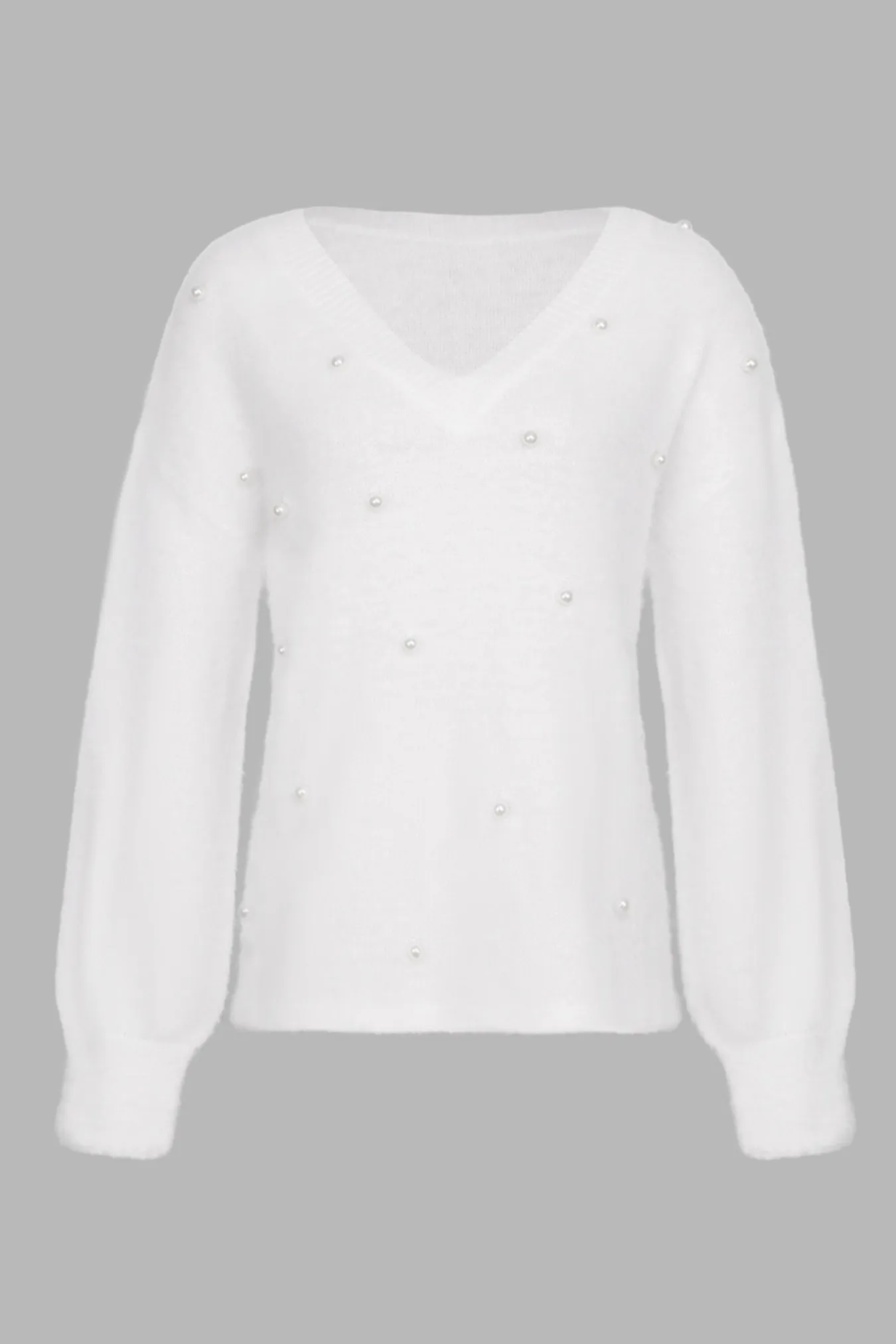 여성용 화이트 오버사이즈 브이넥 스웨터 긴 소매 캐주얼 풀오버 퍼지 니트 탑 진주 장식