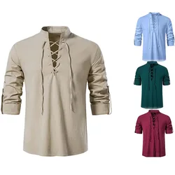 2024 New Men's V-neck shirt T-shirt Fashion Vintage Thin Long Sleeve Top men Casual Breathable Shirts man clothing tops