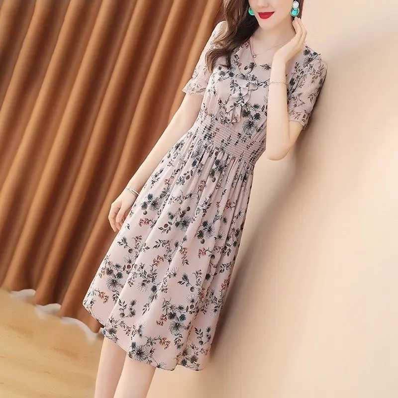 Mùa Hè Mới Quá Khổ Đầm Voan Cổ Chữ V Floral Print Ngắn Tay Áo Empire A-Line Váy Mùa Hè Trẻ Phong Cách Phụ Nữ Quần Áo 2022