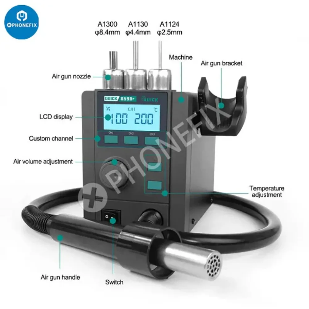 Quick 859D+ 580W Intelligent Lead-free Soldering Station with Hot Air Gun for Phone Mainboard BGA Desoldering Rework Repair Tool