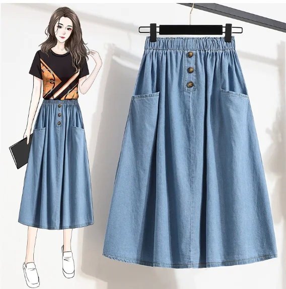 

Large size denim skirt women's high waist 2025 new summer thin loose and thin a-word hip-wrapped medium and long skirt