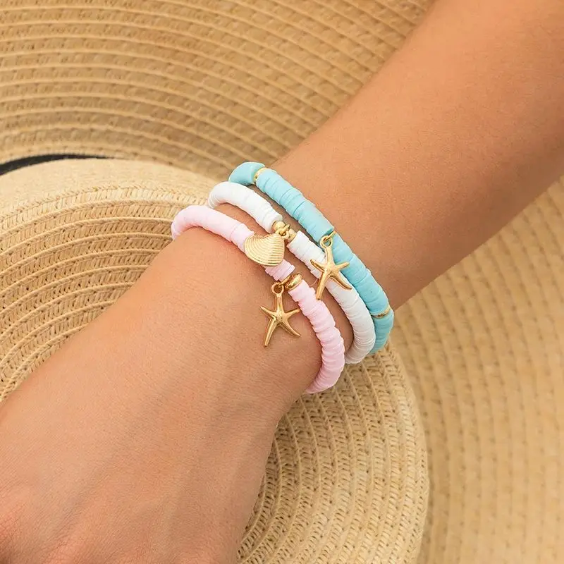 PuRui Women's 3pcs sets Gold Color Starfish Pink Charm Bracelet Summer Style Holiday Jewelry Girls Casual BanglesFor Beach Party