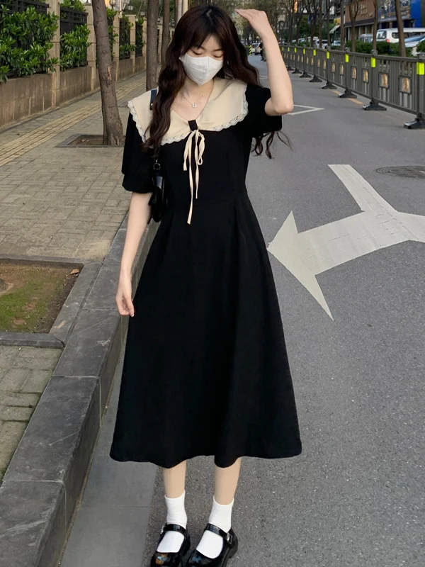 

plus Size Summer Navy Collar Little Black Dress Women's Waist Cinching Slimming Vintage Conceal Meat Age Reduction Dress