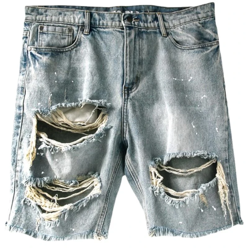 2023 Spring Summer Fashion Denim Shorts Men Vintage Hollow Out Ripped Design Straight Jean Short Pant for Men Streetwear Trend