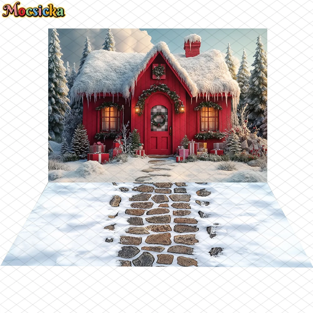 Mocsicka Red Christmas House Background Photography Winter Snow Tree New Year Party Decoration Adult Child Photo Backdrop Banner - Image 2