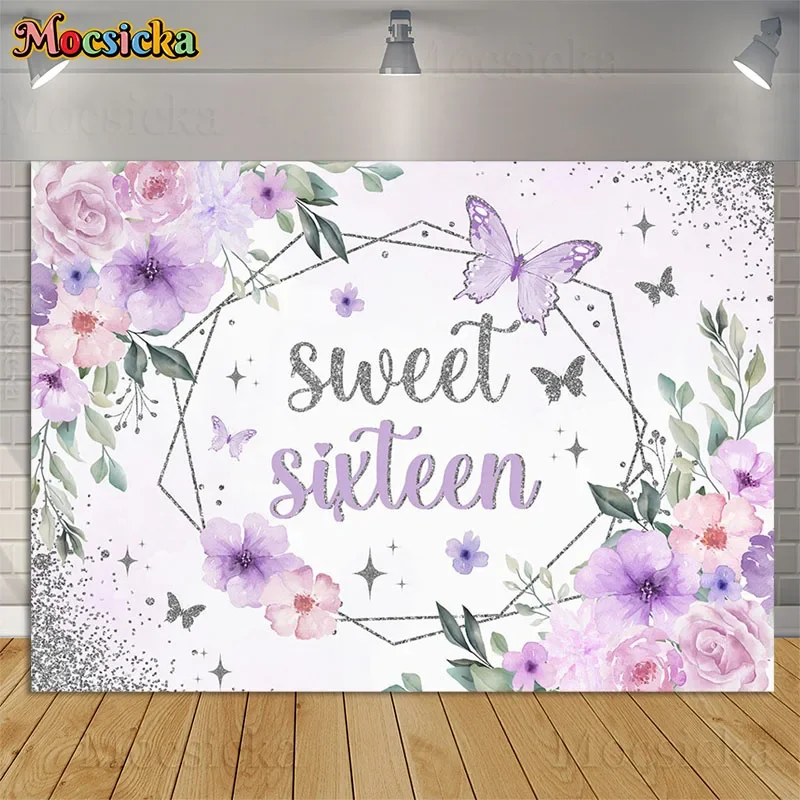 

Sweet 16 Birthday Backdrops Purple Flowers Butterfly Girls Sliver Glitter Sixteen Happy Birthday Party Background Decor Props