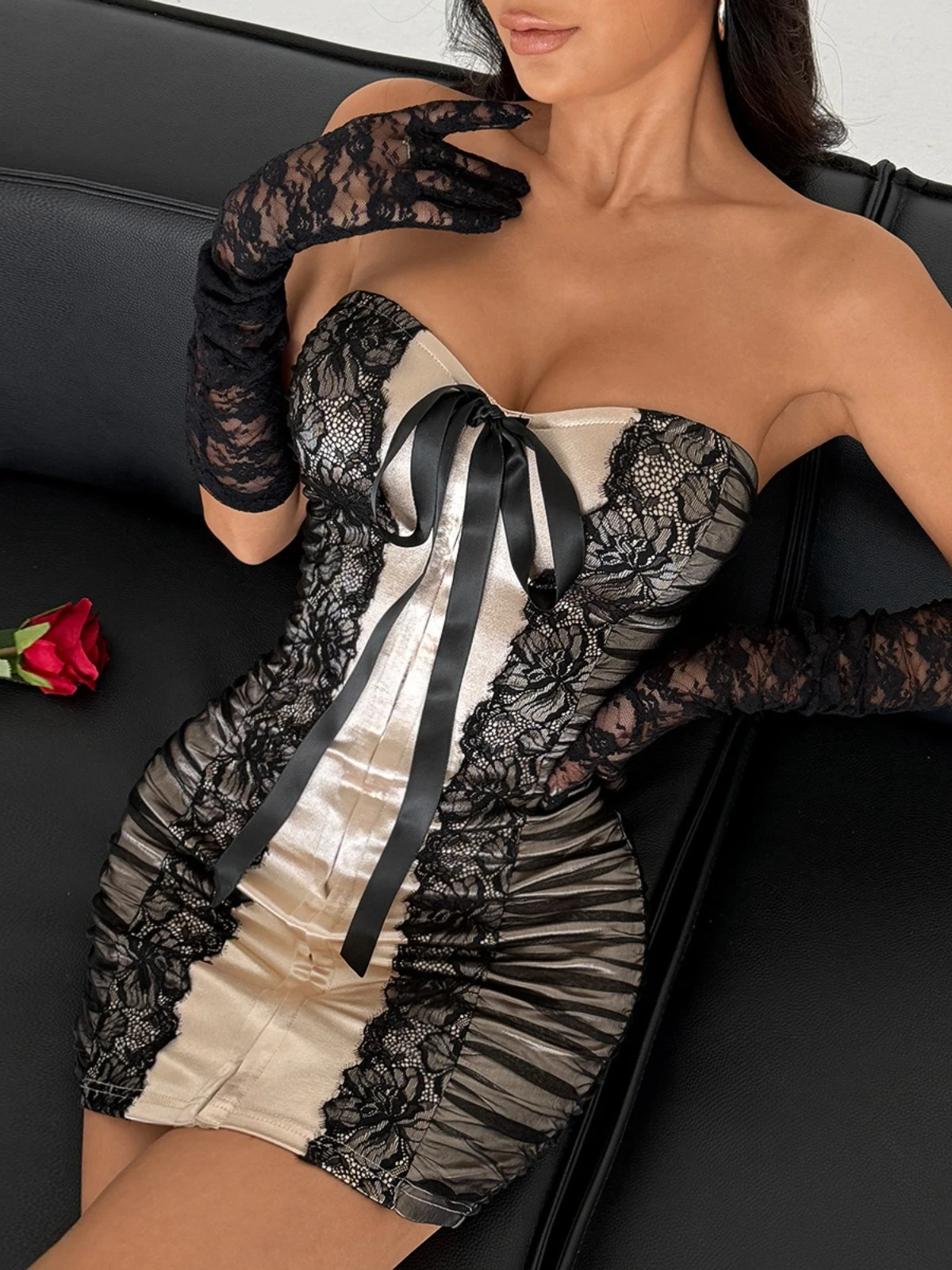 SsTss Sheer Lace Patchwork Strapless Bodycon Jurk Vrouwen Sexy Strik Mouwloos Backless Slim Ruches Mini Night Party Clubwear