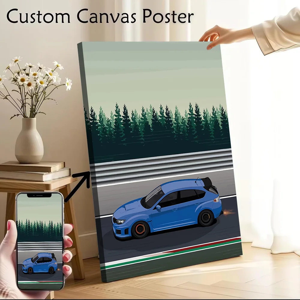 Blue Sports Car on Race Track Canvas Poster Customizable Printed Canvas Painting Wall Art for Fans Room Decoration Gaming Home
