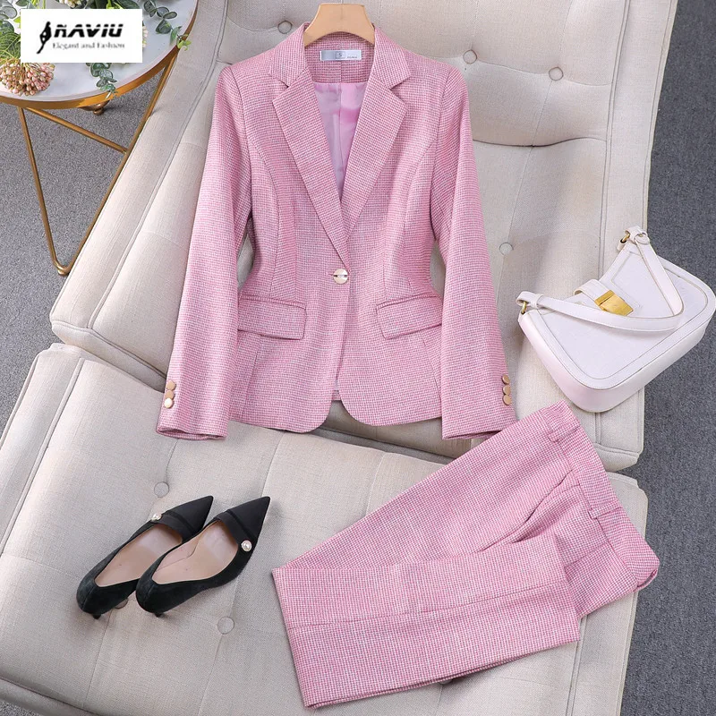 

NAVIU Pink Plaid Suits Women New Autumn Fashion Tempeament Professional Slim Long Sleeve Blazer And Pants Office Lady Work Wear