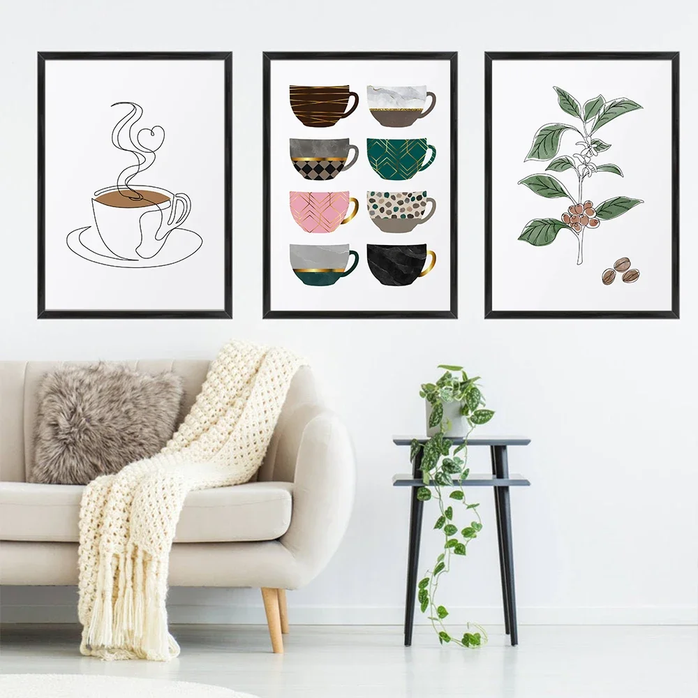 Modern Simple Wall Art Green Plants Line Drinking Girl Cup HD Canvas Print Poster Home Living Room Bedroom Decoration