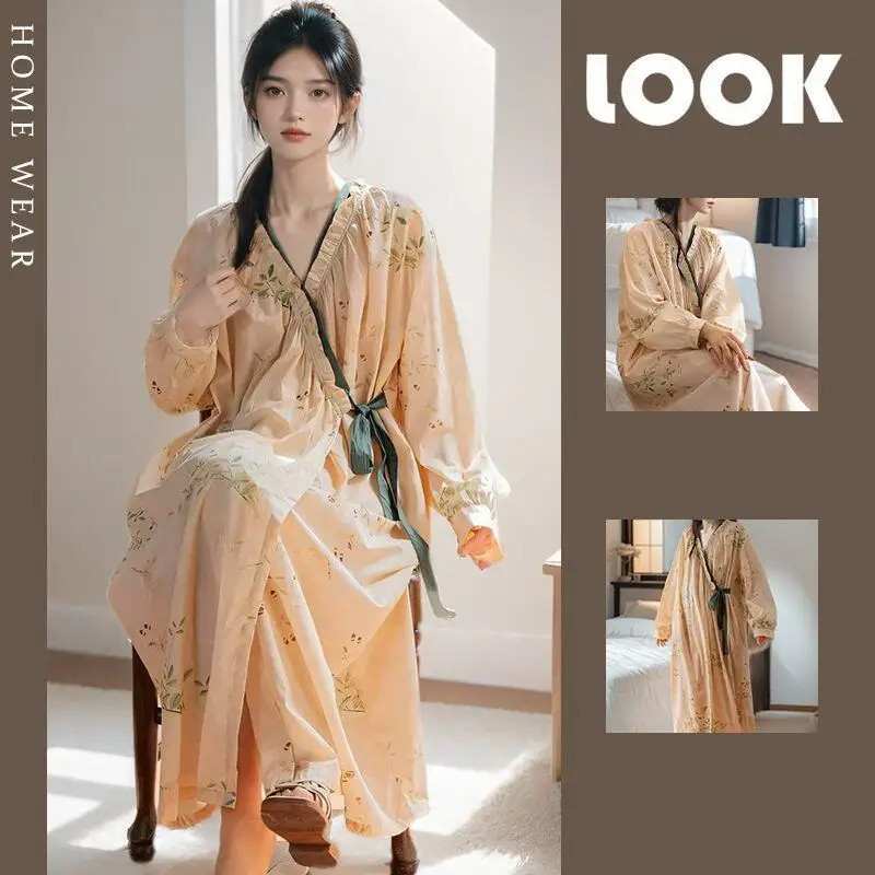 

Пижамы для девочек, халат, женский свободный халат с длинными рукавами в стиле ретро, платье для сна, одежда для отдыха, тонкая домашняя одежда на четыре сезона, подарок для девочек, новинка