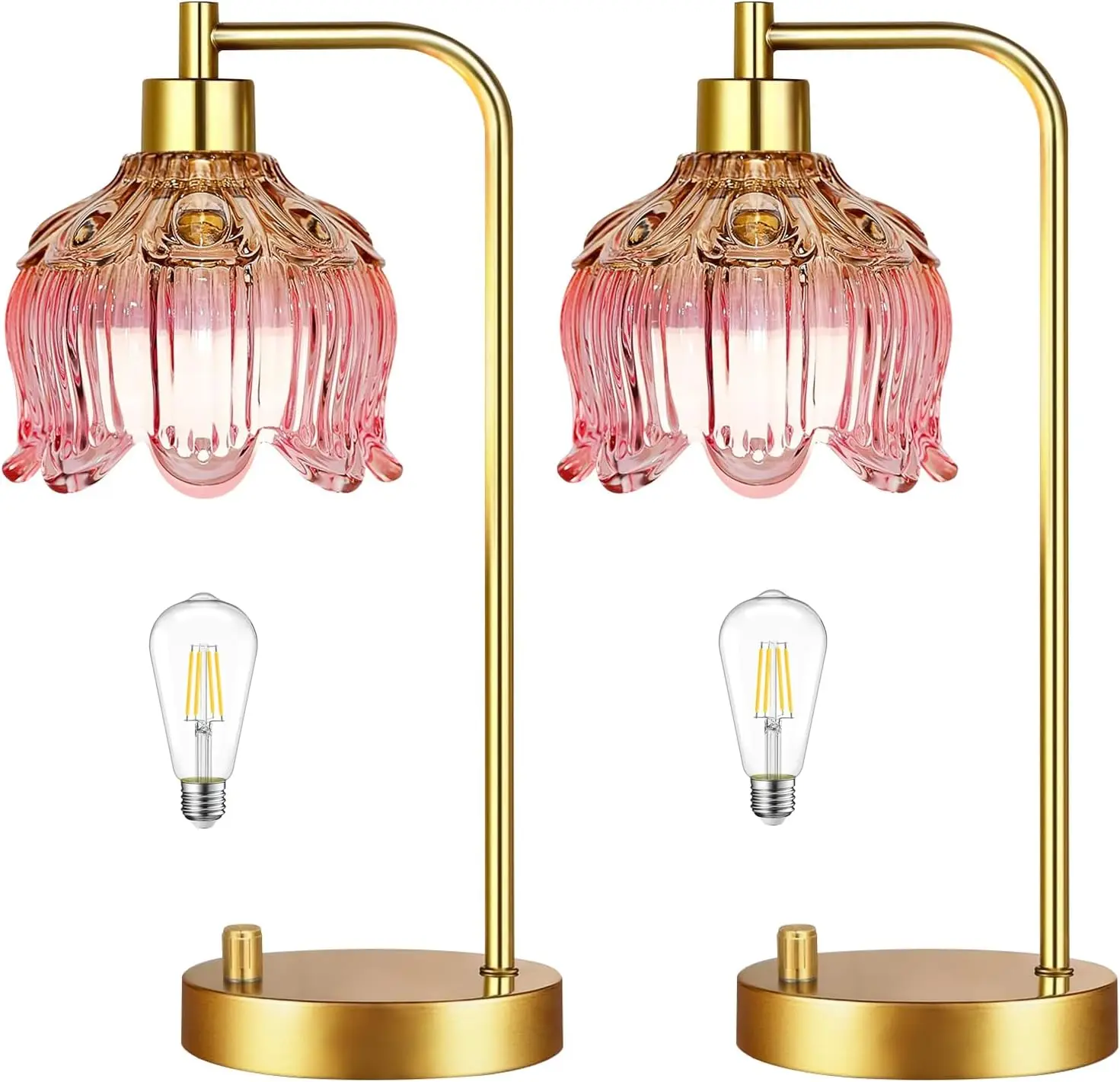 

Pink Table Lamp Set of 2, Small Gold Bedside Lamps Dimmable with Tulip Flower Glass Shade for Bedroom Living Room