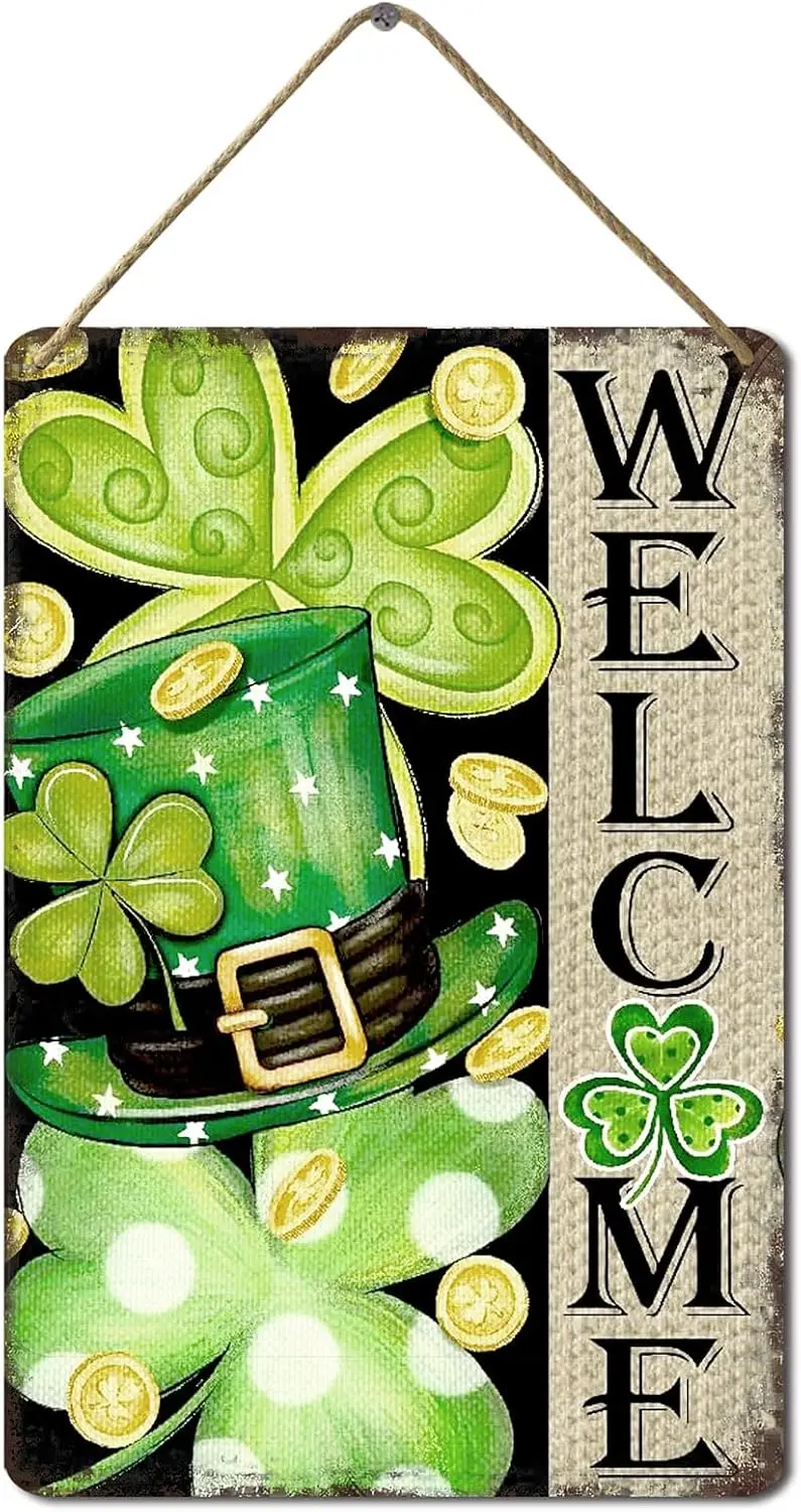 BTFSigns Wooden Hanging Sign Colorlife Welcome St Patricks Day Hat Garden Signs Wall Art Decoration 8x12 Inch Shamrock Luck sign