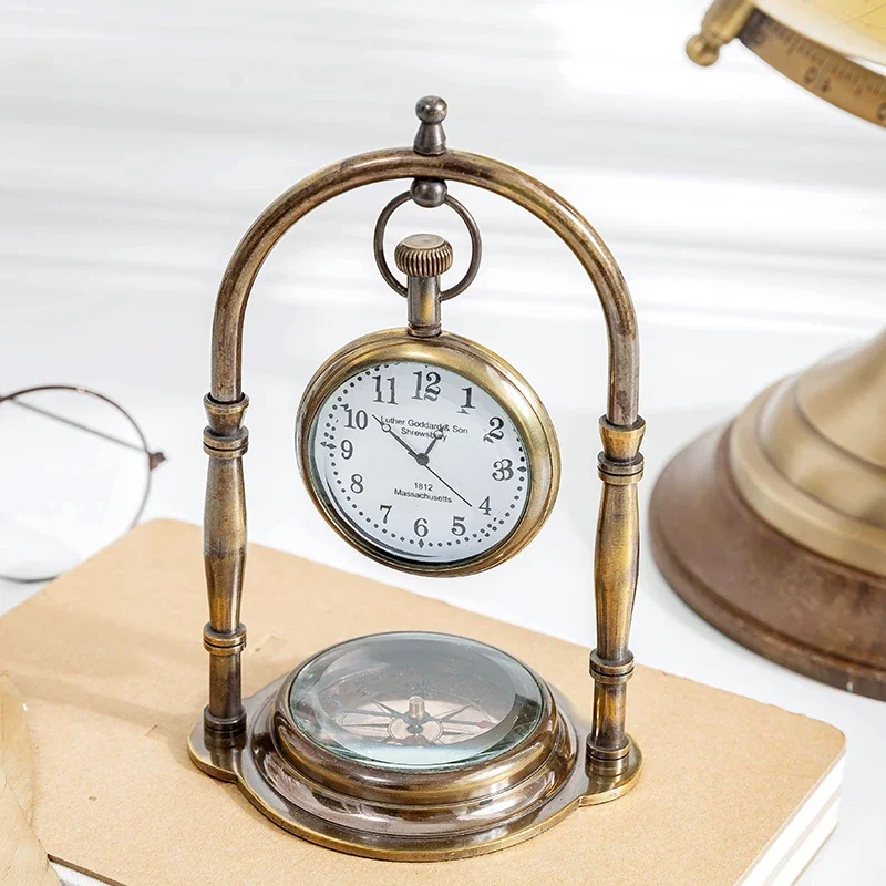 Brass Table Clock European Retro Luxury Study Clock With Compass Court Style Home Hecoration Classical Clock Desktop Ornaments