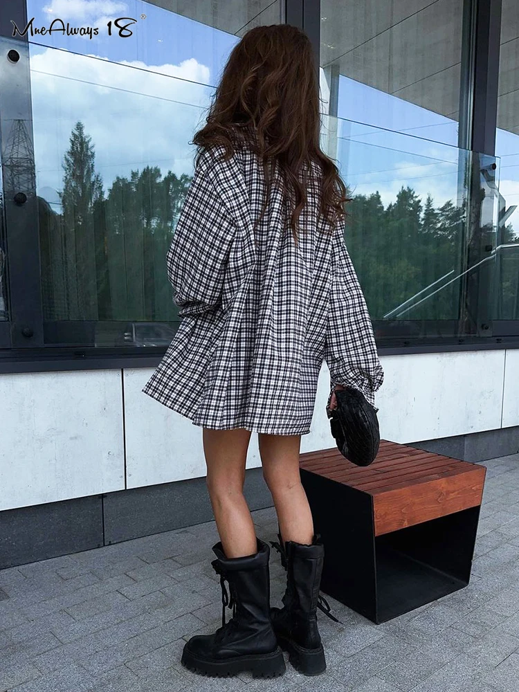 Mnealways18 Street Style Black Plaid Shirts Women Irregular Long Sleeves Oversized Blouses Autumn 2024 Loose Gingham Tops Casual