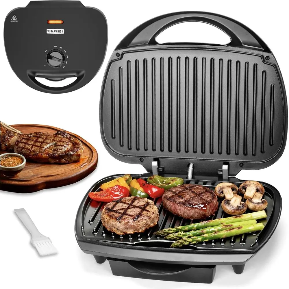 

6-Serving Electric Indoor Contact Grill with Adjustable Temp Control, Non-Stick Coating, 1500W, Graphite