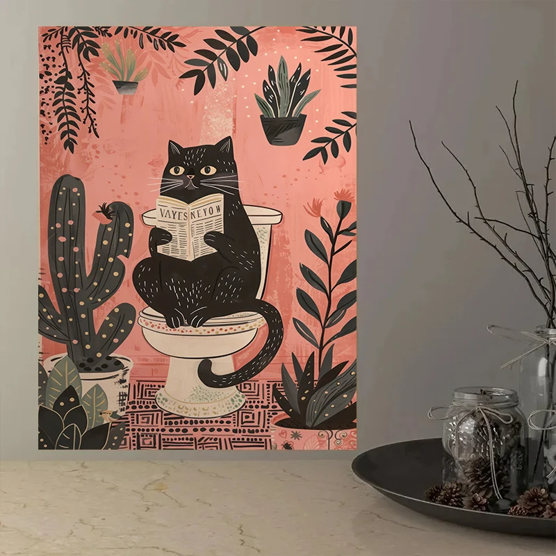 Funny Black Cat On The Toilet Reading Poster Animal Bath Prints Canvas Painting Wall Art Pictures for Toilet WC Bathroom Decor