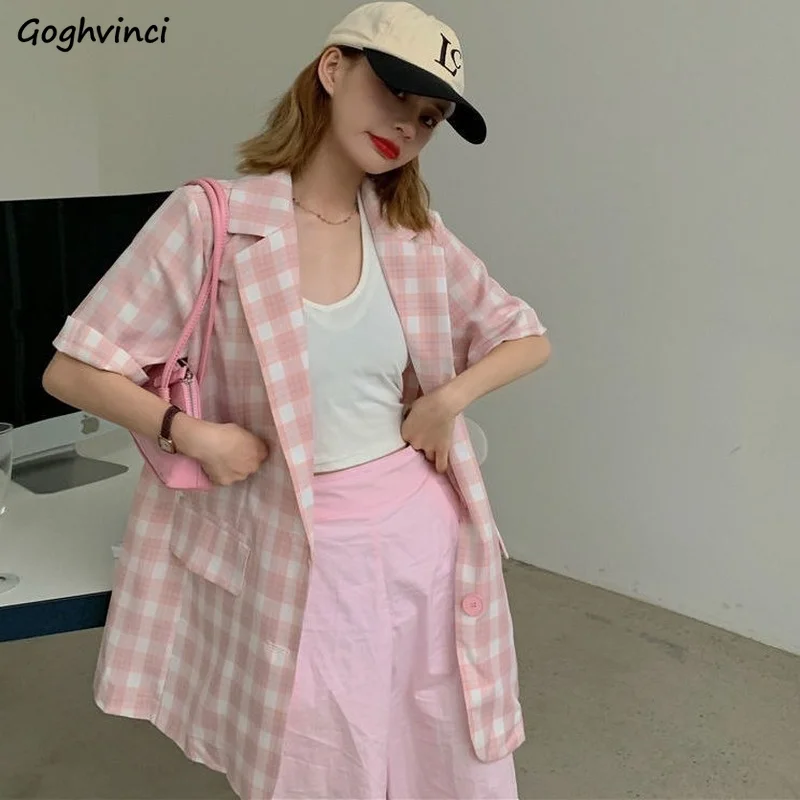 

Thin Plaid Blazers Women Summer Student Sweet Trends Short Sleeve Preppy Single Breasted Suits Notched Collar Cozy Slim Outwear