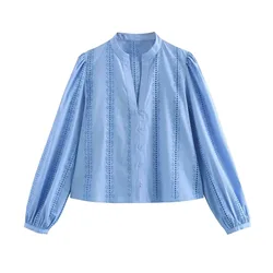 Women Loose Lace Up White Shirt for Women Elegant Hollow Out Embroidered Shirt Puff Sleeve Female Cropped Tops Shirt