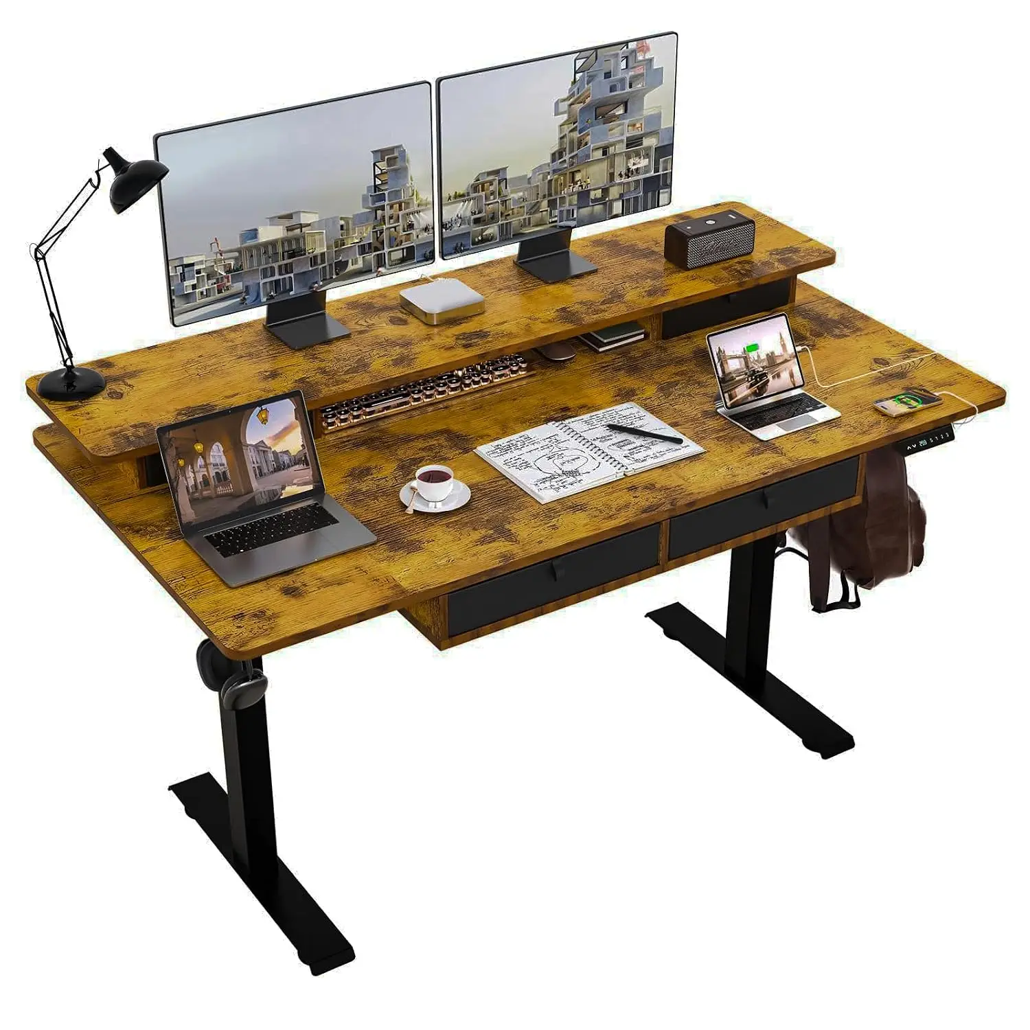 Electric Standing Desk 63x30in Adjustable Height 4 Drawers Storage Shelves Home Office Sit Stand Workstation, Customized