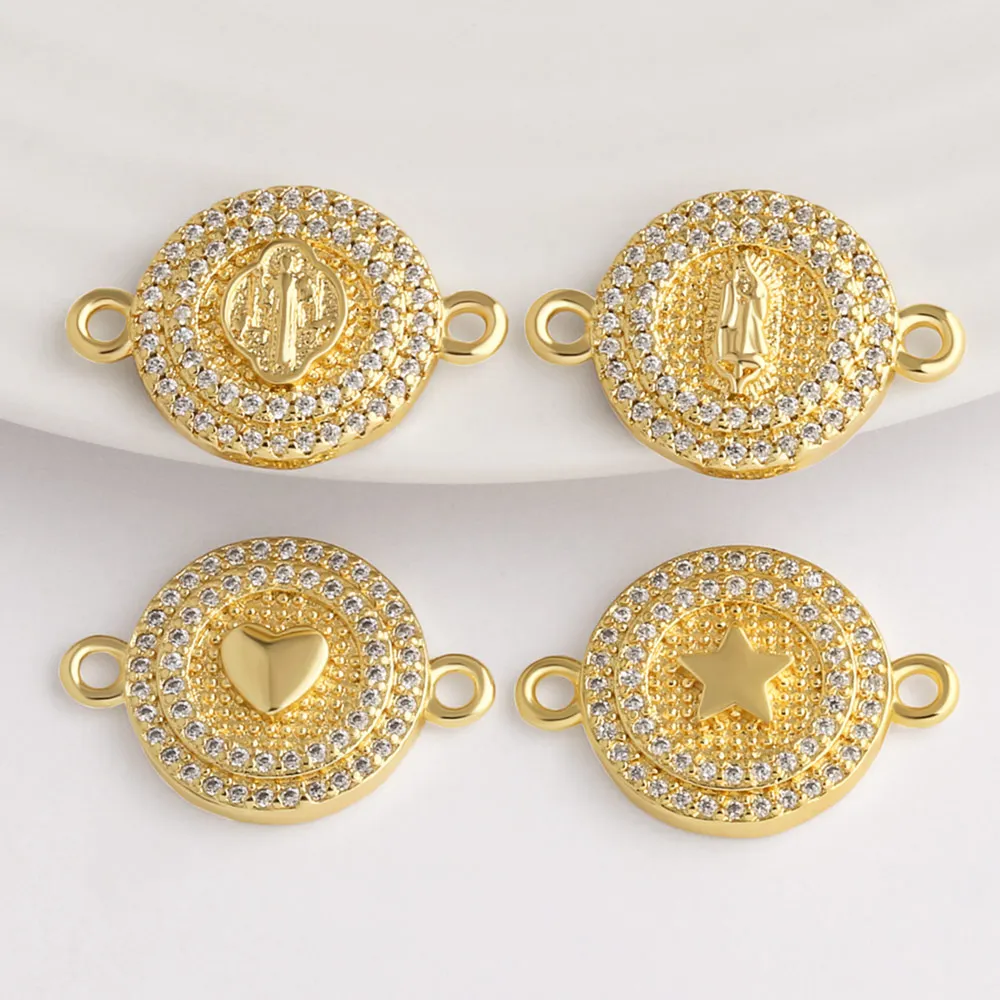 OCESRIO Copper Gold Plated Round Connectors for Bracelet DIY Zircon Heart Star Virgin Mary Religious Jewelry Supplies chma589