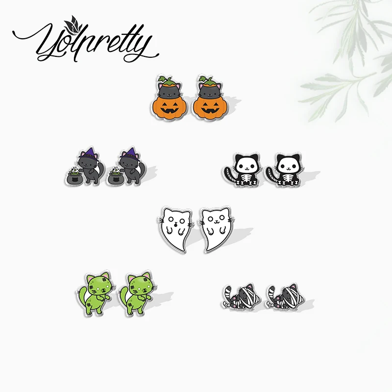 2021 New Halloween Skull Witch Ghost Cat Epoxy Stud Earrings Handcraft Acrylic Stud Earrings