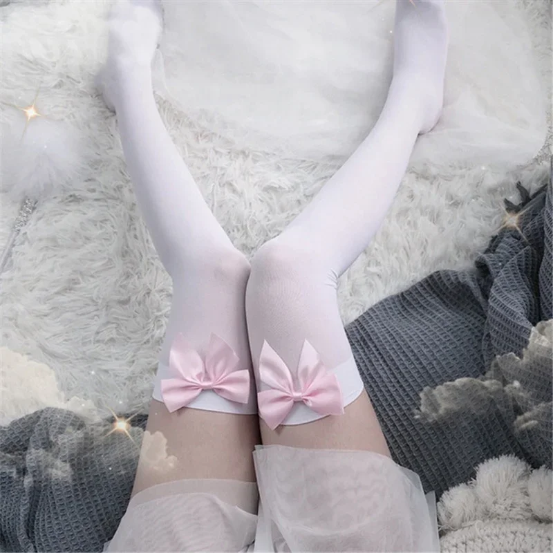 Sexy Women's Hosiery Pink Bow Stay Up Thigh High Silk Stockings Ladies Sweet JK Lolita Bowknot Long Socks Students Stockings