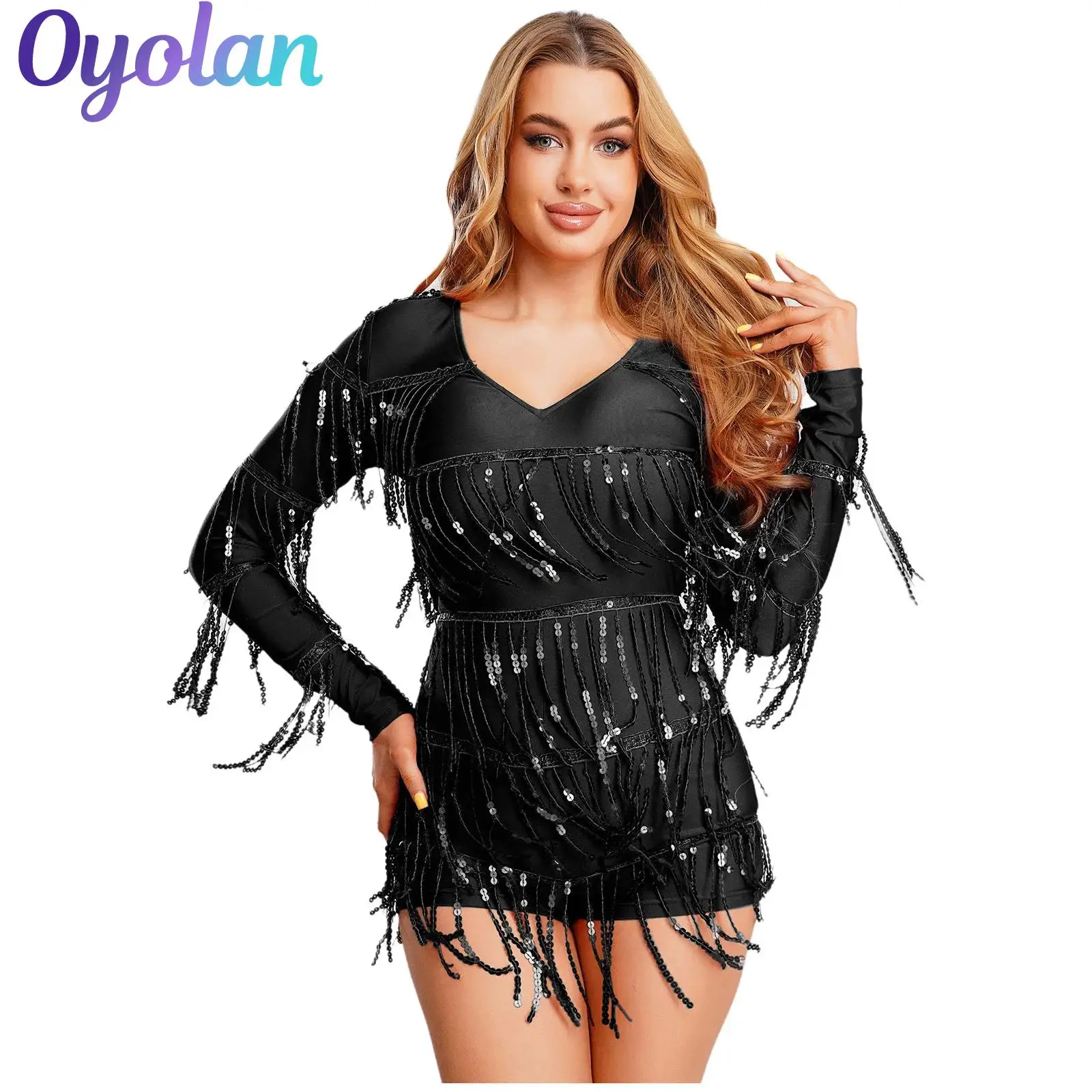 

Womens Tiered Tassel Boy-shorts Bottom Jumpsuit Glittery Fringe Rompers Bodysuit V Neck Long Sleeve Clubwear Pole Dance Costume
