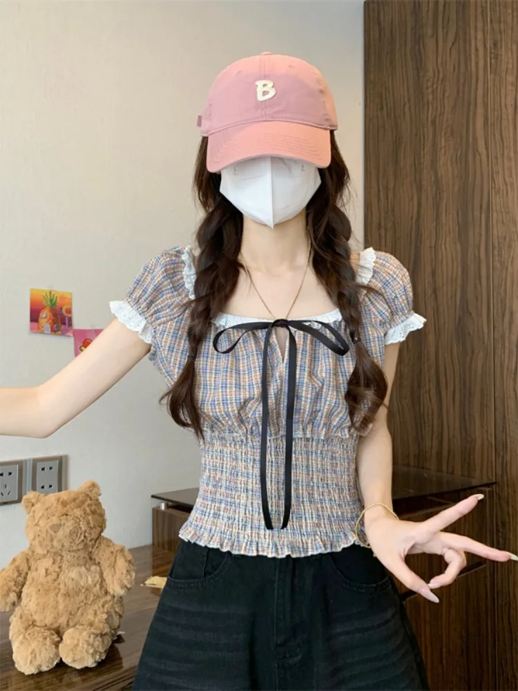 

Корейский клетчатый воротник с рюшами и узлом ort Sve Slim Fit irt Женский летний топ с длинной талией