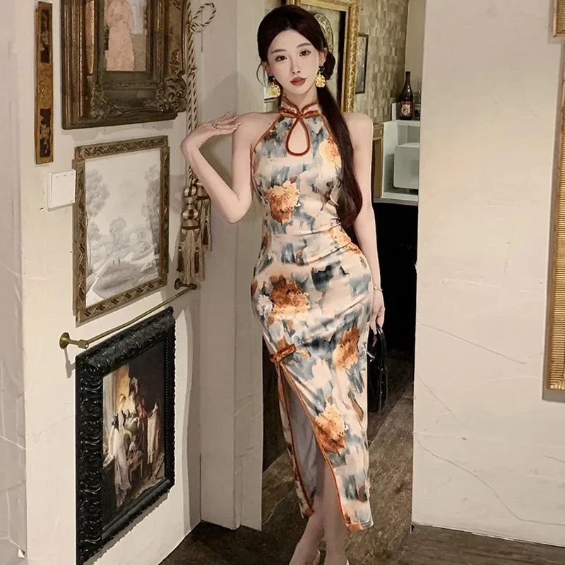 

Сексуальное Ципао без рукавов, новое платье в китайском стиле, женское летнее платье Cheongsam, элегантные платья с принтом, улучшенные длинные платья
