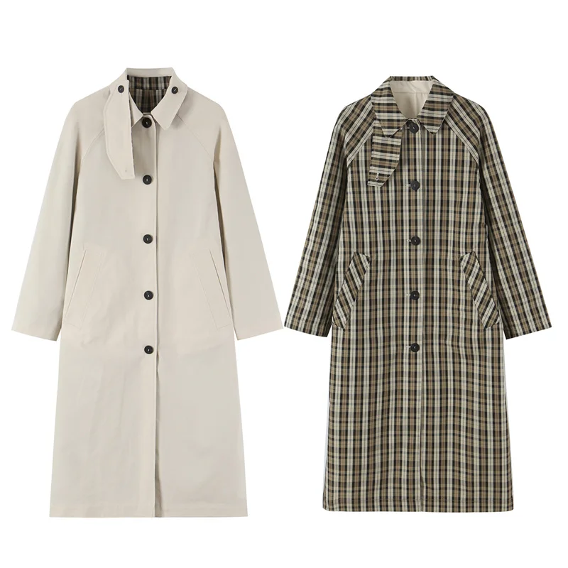 Guobioziy Women's Coat 2026 Autumn/Winter New Beige Plaid Double-Sided British Loose Long Trench Coat Elegant and Trendy