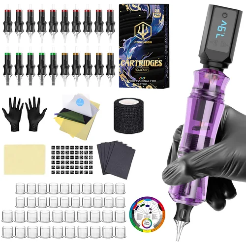 Imagen 2 del producto Kit de tatuaje POSEIDON, nuevo kit de bolígrafo de tatuaje morado para maquillaje permanente, kit de máquina de tatuaje PS083, fuente de alimentación para tatuaje, kit de tatuaje
